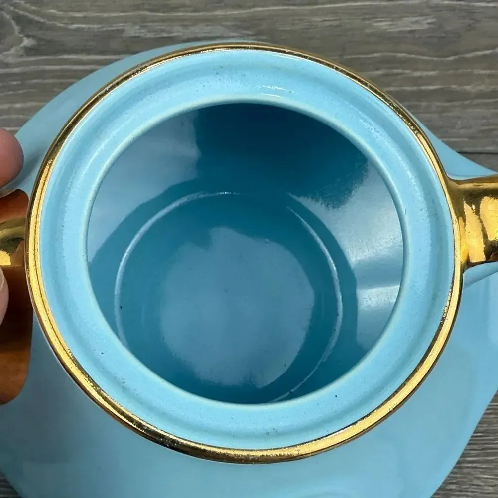 Pearl China Co Robins Egg Blue 22 kt Gold Trim Vtg Swirl Aladdin Decor Teapot